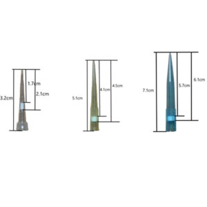 Diagrama de medidas de Tips o punteras para pipetas de laboratorio con filtro en rack
